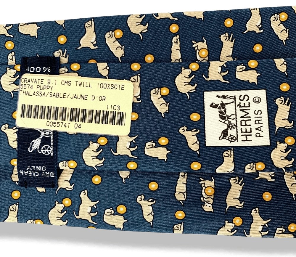 Hermes Thalassa Sable Jaune d'Or PUPPY Twill Silk Tie 9CM, NWT in Pochette! - poupishop