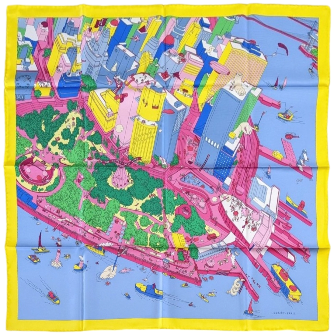 Hermes Jaune/Fuchsia/Blue "The Battery New-York" by Ugo Gattoni Twill Silk Carre 90cm