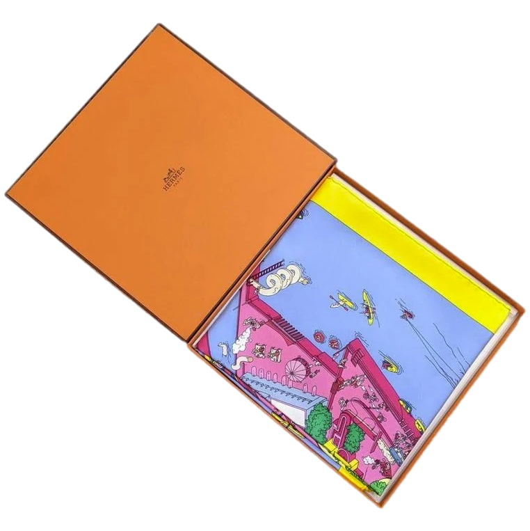 Hermes Jaune/Fuchsia/Blue "The Battery New-York" by Ugo Gattoni Twill Silk Carre 90cm