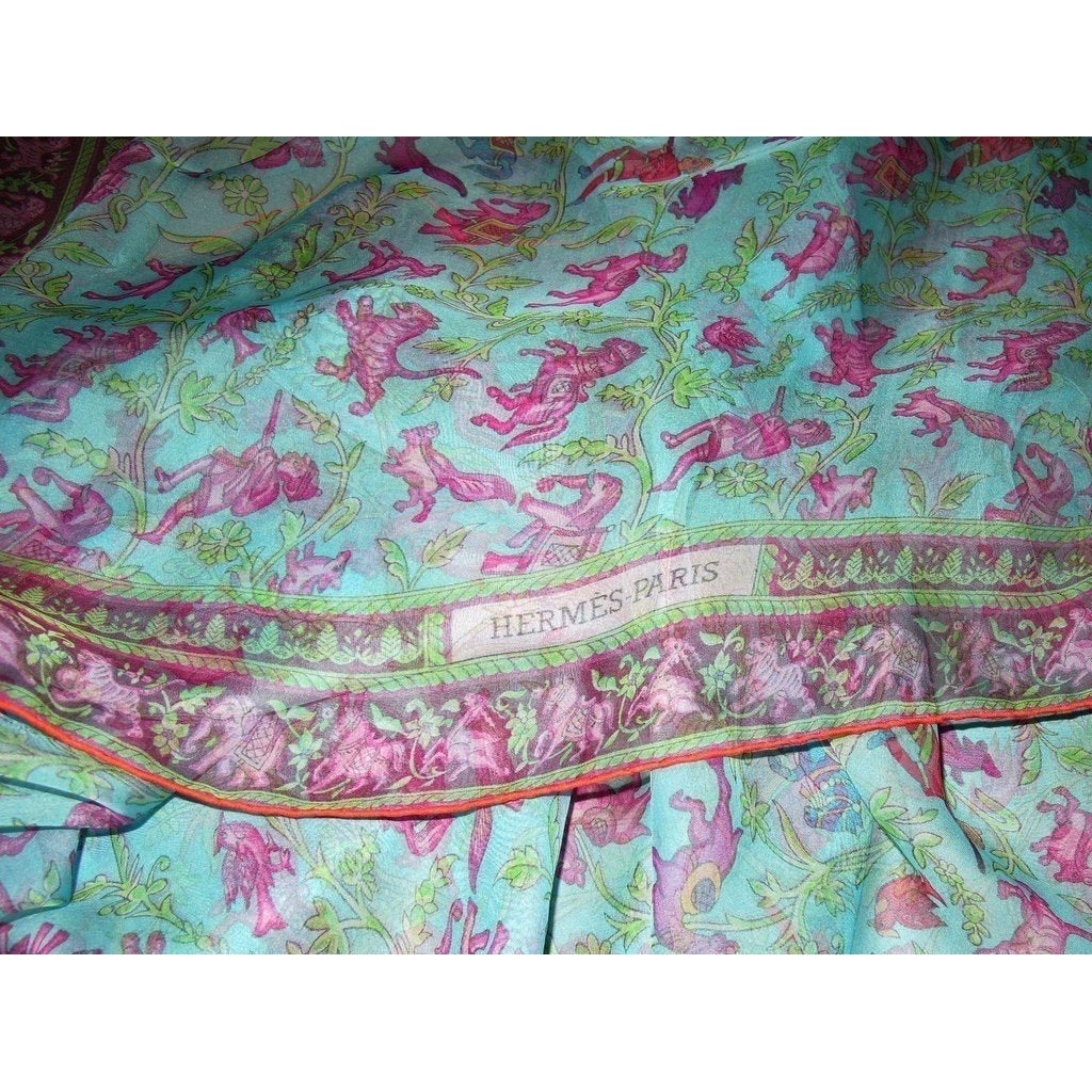 Hermes Turquoise Chasse en Inde Mousseline Stole 76" x 27" - poupishop