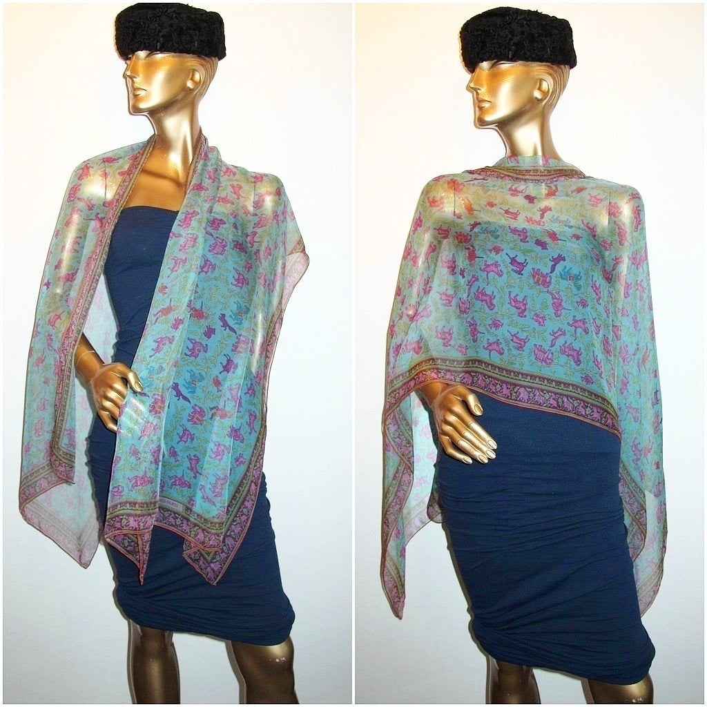 Hermes Turquoise Chasse en Inde Mousseline Stole 76" x 27" - poupishop