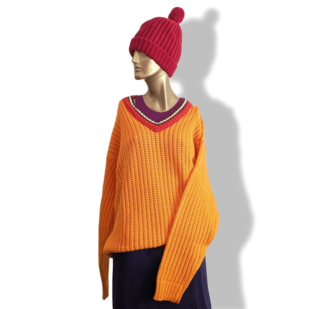Hermes Unisex Orange Cashmere/Cotton Oversized TENNIS V-NECK Jumper Sweater, BNEW! - poupishop