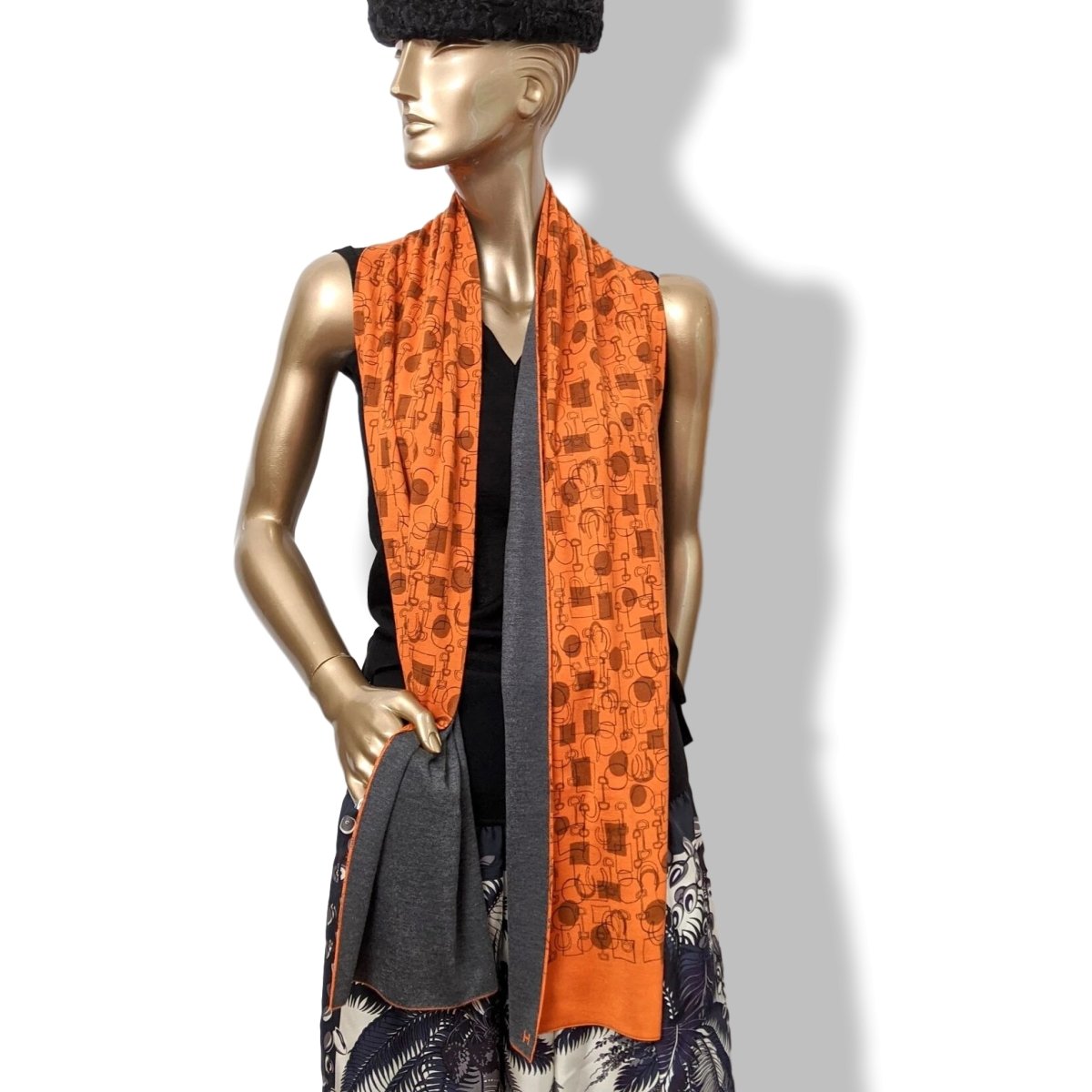 Hermes Unisex Orange/Gris Printed ALLER RETOUR MORS MUFFLER 70% Maille Cashmere Stole 30 x 180 cm, New! - poupishop