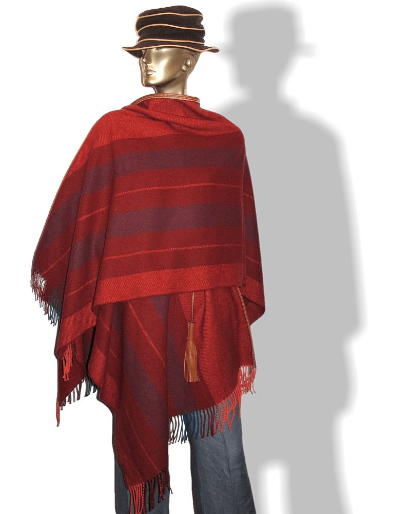 Hermes Unisex Rouge H Rocabar Poncho Fringed Wool & Cashmere with Huge Pompons, New! - poupishop