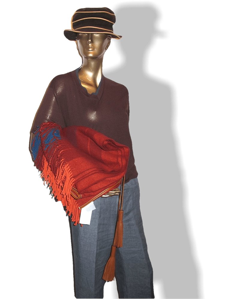 Hermes Unisex Rouge H Rocabar Poncho Fringed Wool & Cashmere with Huge Pompons, New! - poupishop