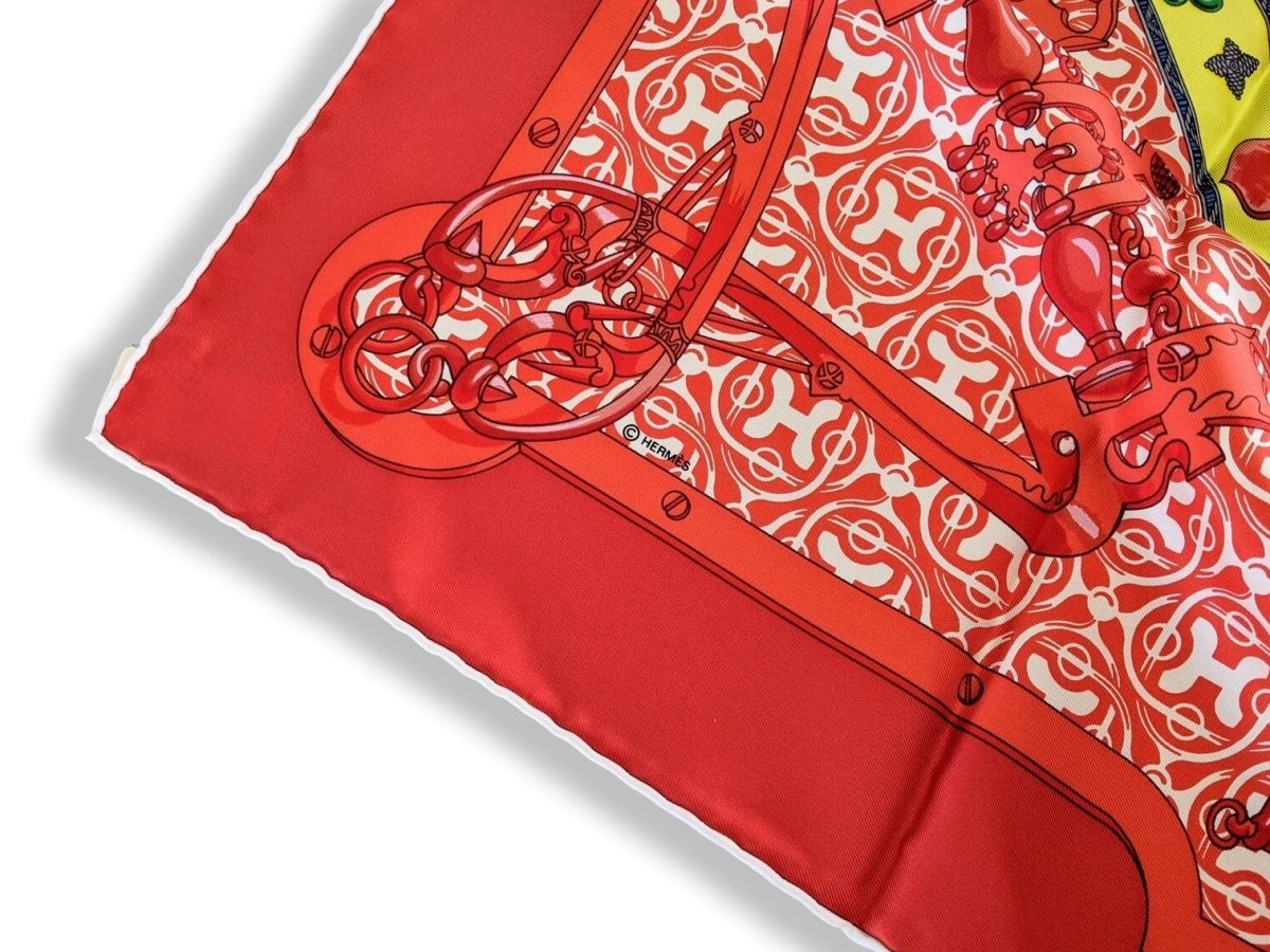 Hermes Vermillon/Ivoire/Jaune MORS ET GOURMETTES REMIX Twill 90cm, New! - poupishop