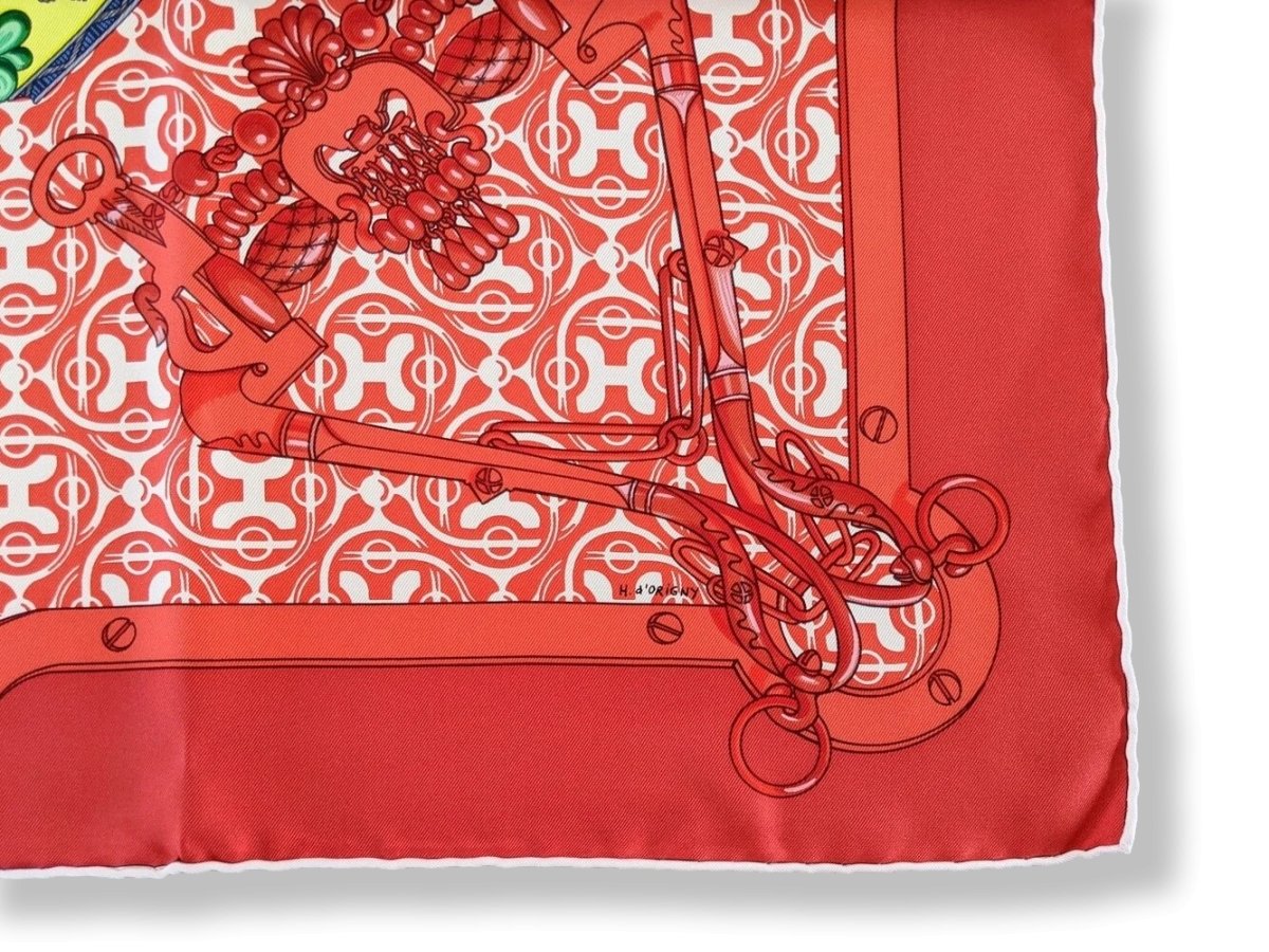 Hermes Vermillon/Ivoire/Jaune MORS ET GOURMETTES REMIX Twill 90cm, New! - poupishop