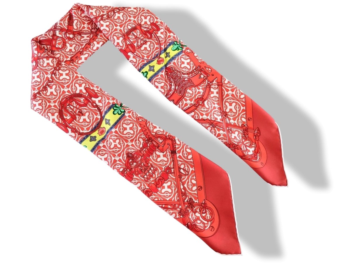Hermes Vermillon/Ivoire/Jaune MORS ET GOURMETTES REMIX Twill 90cm, New! - poupishop