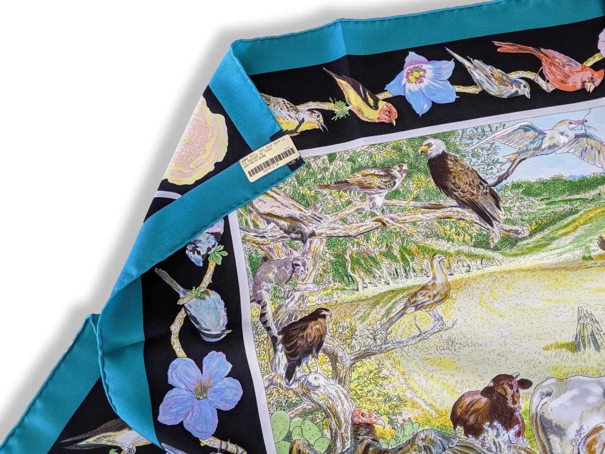 Hermes Vert/Noir/Jaune LA VIE SAUVAGE DU TEXAS by Kermit Oliver Blanc Matt Overprint Twill 90cm, NWTIB! - poupishop