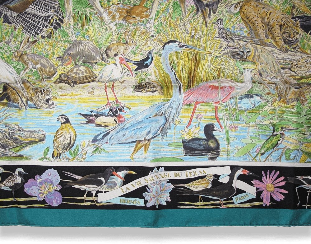 Hermes Vert/Noir/Jaune LA VIE SAUVAGE DU TEXAS by Kermit Oliver Blanc Matt Overprint Twill 90cm, NWTIB! - poupishop
