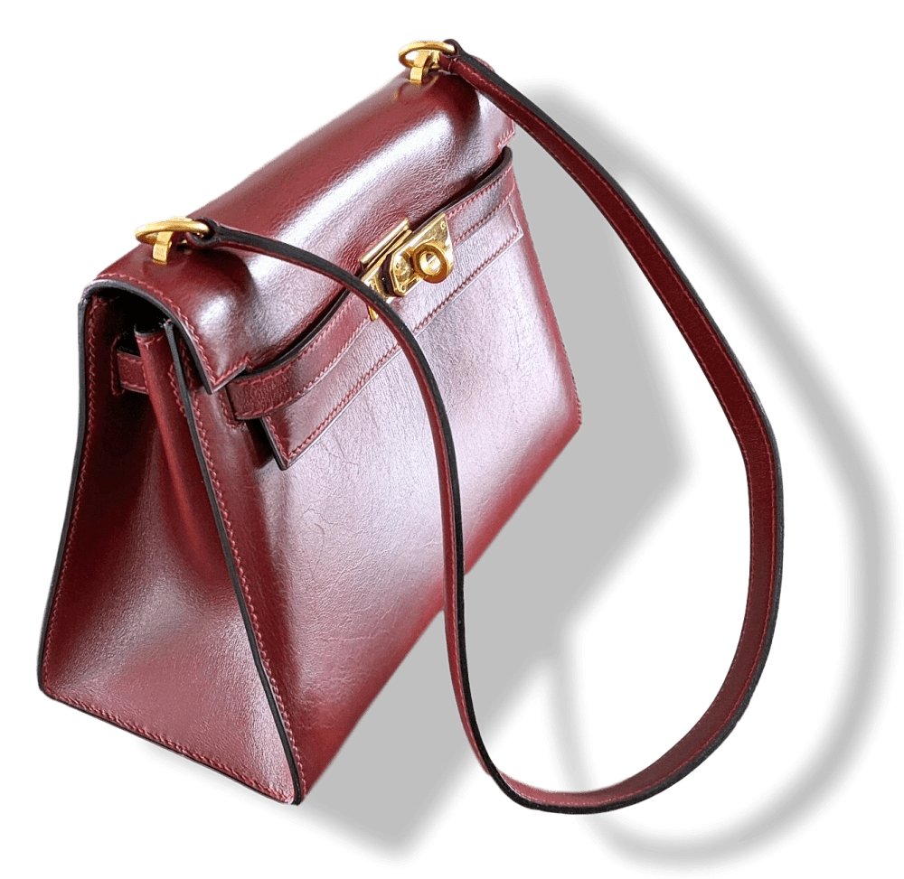 Hermes Vintage 1960-70s Burgundy Box MINI SHOULDER KELLY SELLIER 20 CM Bag Handbag, Rare! - poupishop