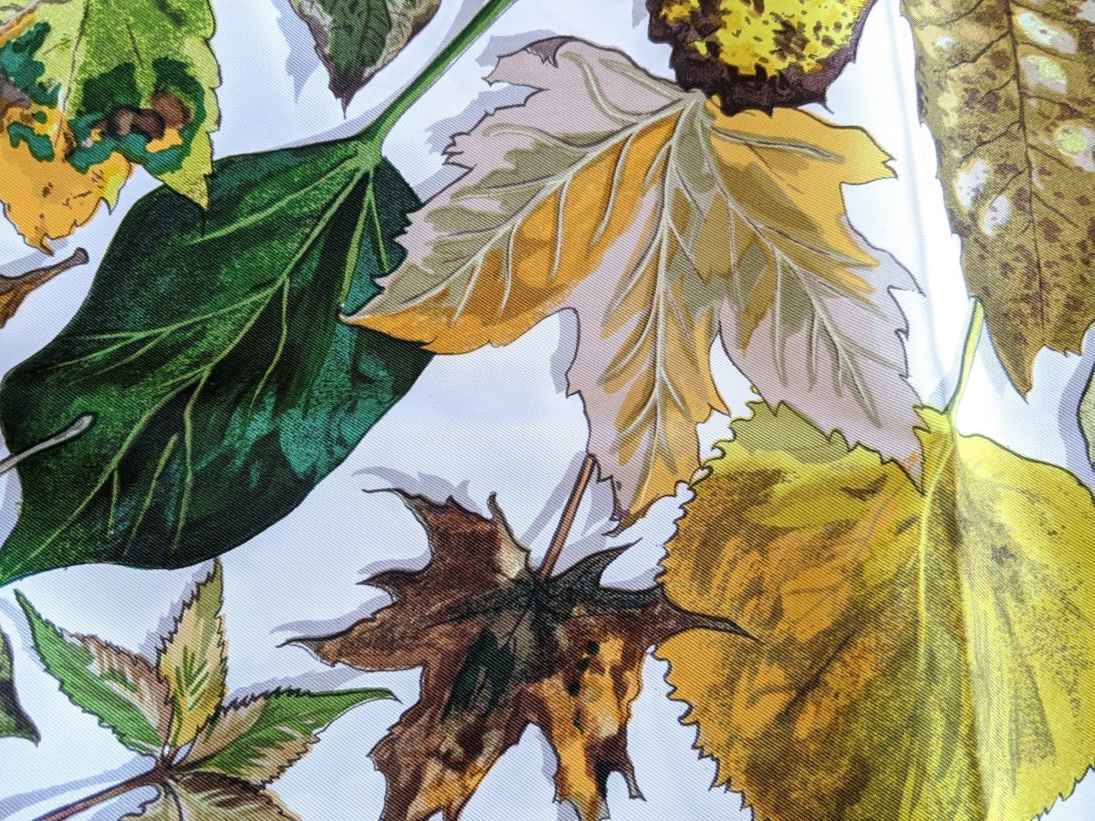 Hermes Vintage 1960-70s Green/White Leaves TOURBILLON Twill Silk Long Stole Double Face, BNEW! - poupishop