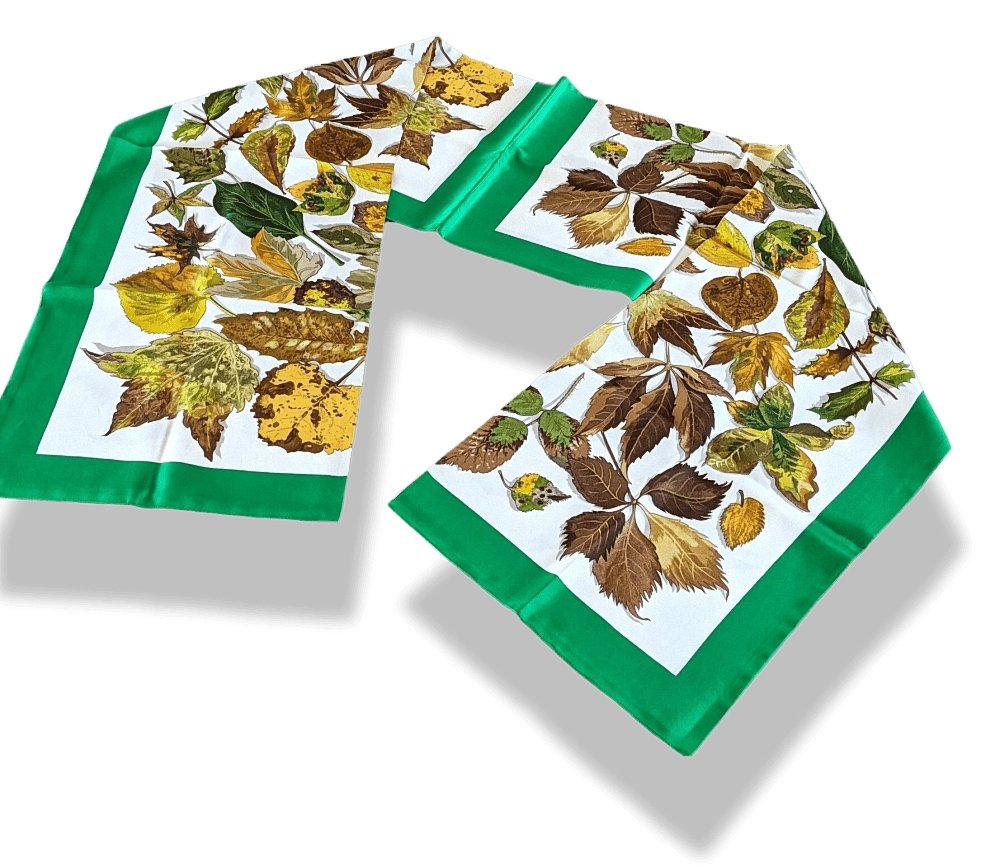 Hermes Vintage 1960-70s Green/White Leaves TOURBILLON Twill Silk Long Stole Double Face, BNEW! - poupishop