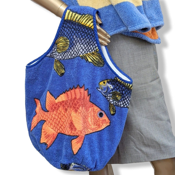 Hermes Vintage 1970s Blue/Red-Orange POISSONS Fishes Beach Bag, Incredible! - poupishop
