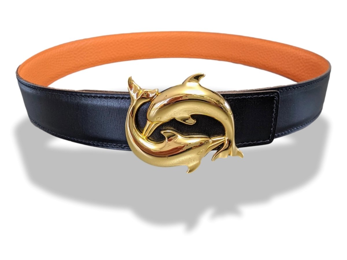 Hermes Vintage 1990cms Plated Yellow Gold DOLFINS Belt Buckle 32 mm, Rare! - poupishop
