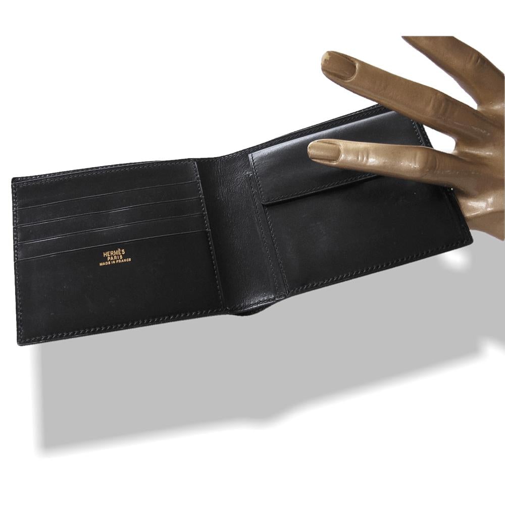 Hermes Vintage 1995 Black Box Leather Unisex Billfold Wallet With Coin Pocket, Mint! - poupishop