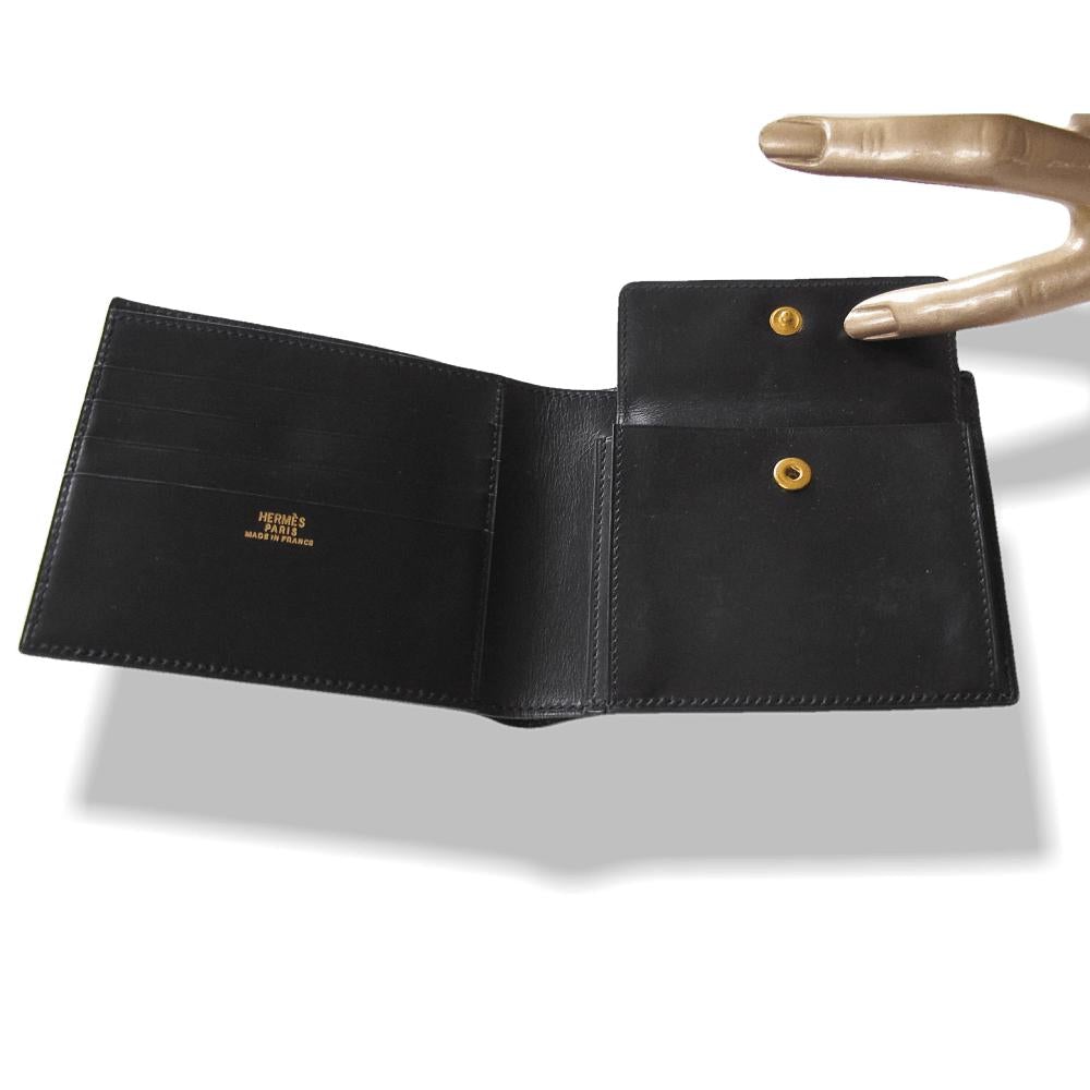 Hermes Vintage 1995 Black Box Leather Unisex Billfold Wallet With Coin Pocket, Mint! - poupishop