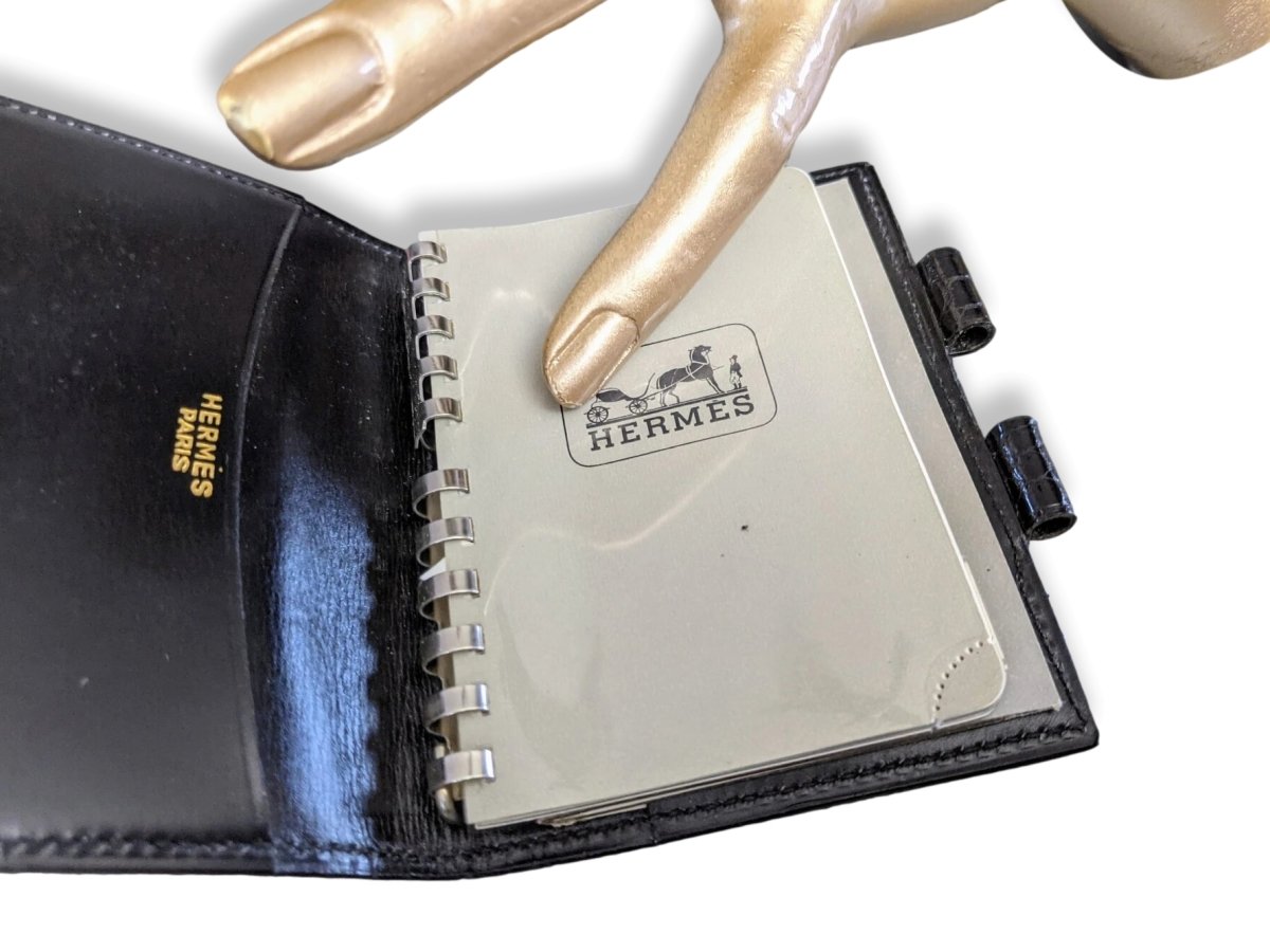 Hermes Vintage 60s Black Crocodile Mini Agenda 1 Pin & Silver Mechanical Pencil, Mint! - poupishop