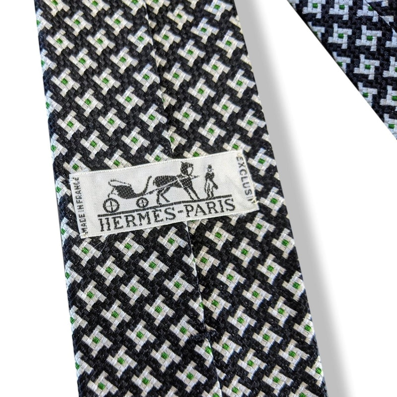 Hermes Vintage 60s Noir/Blanc/Vert Silk Tie Silk 7,5 cm/2.95", Retro look! - poupishop