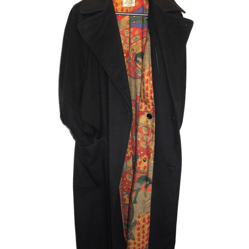 Hermes Vintage 90cms Black 100% Cashmere Men Print Coat, Sz52 - poupishop