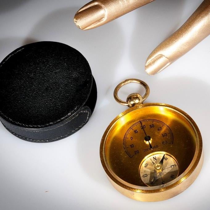 Hermes Vintage Black Goat/Brass Pocket Thermometer Compass - poupishop