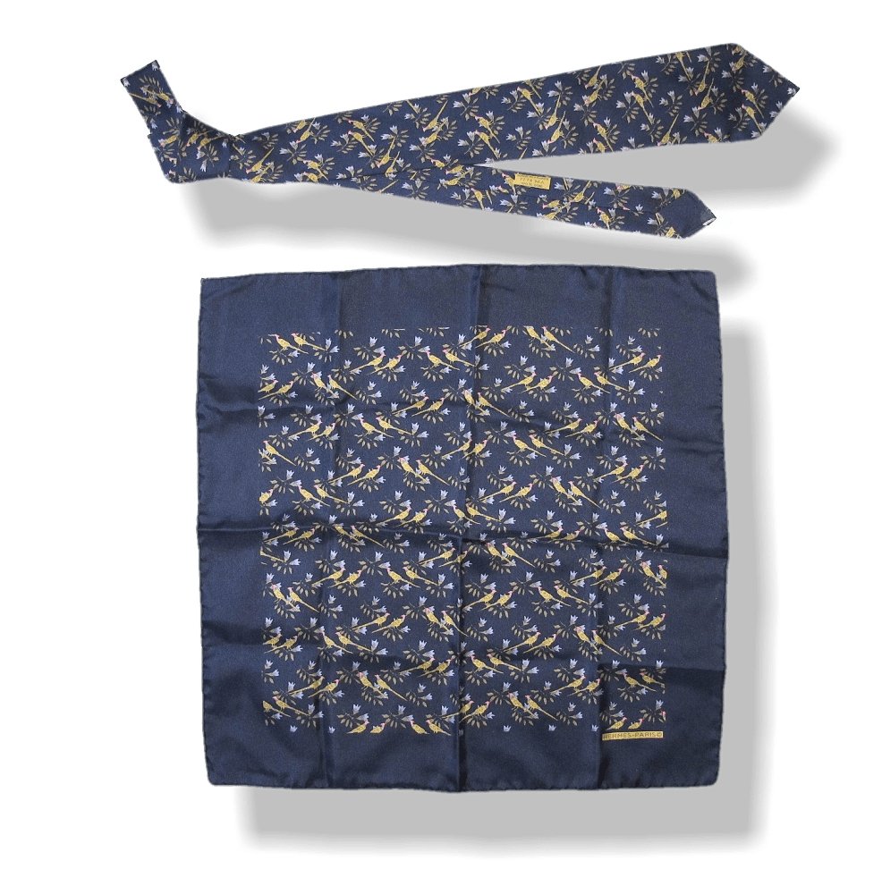 Hermes Vintage Blue Gold Pheasants Set of Pocket Scarf & Matching Tie Twill Silk - poupishop