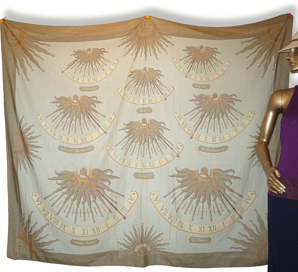 Hermes Vintage Bronze Celadon Sundial Huge Muslin of Cotton Pareo, Rare! - poupishop