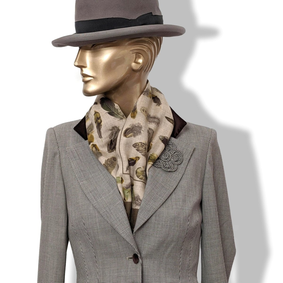 Hermes Vintage Etoupe-Kaki/Naturel PLUMES by Henri de Linares Cashmere 90cm, Superb! - poupishop