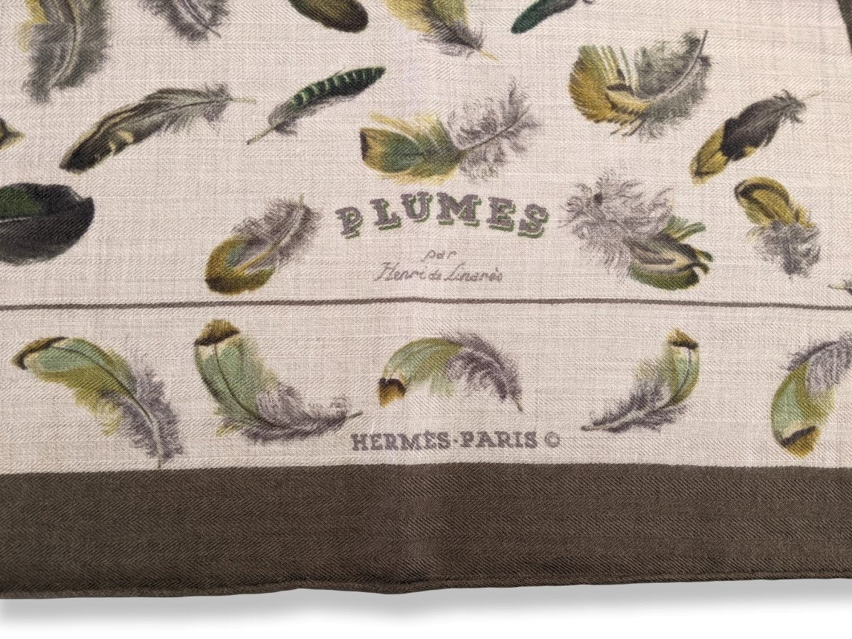 Hermes Vintage Etoupe-Kaki/Naturel PLUMES by Henri de Linares Cashmere 90cm, Superb! - poupishop