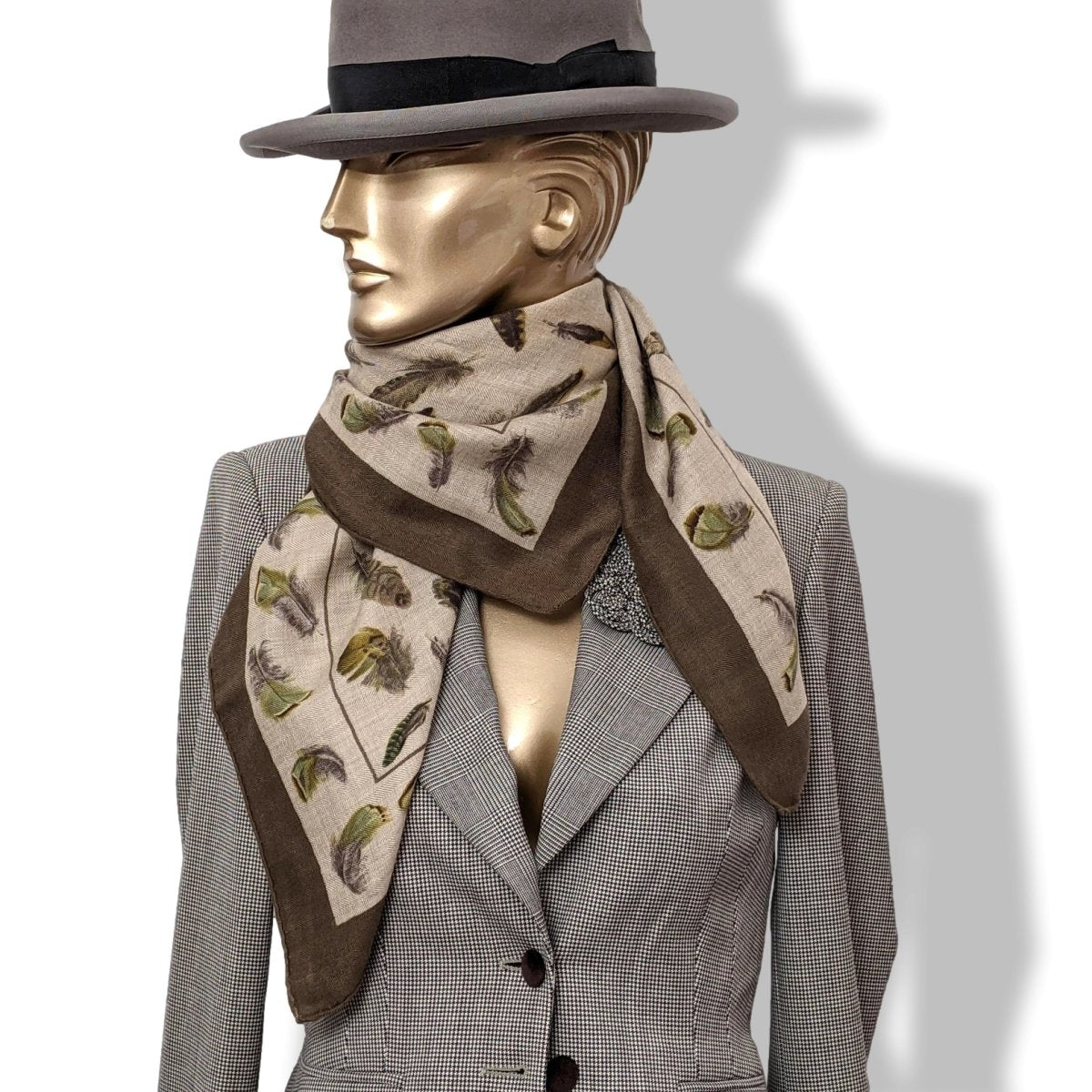 Hermes Vintage Etoupe-Kaki/Naturel PLUMES by Henri de Linares Cashmere 90cm, Superb! - poupishop