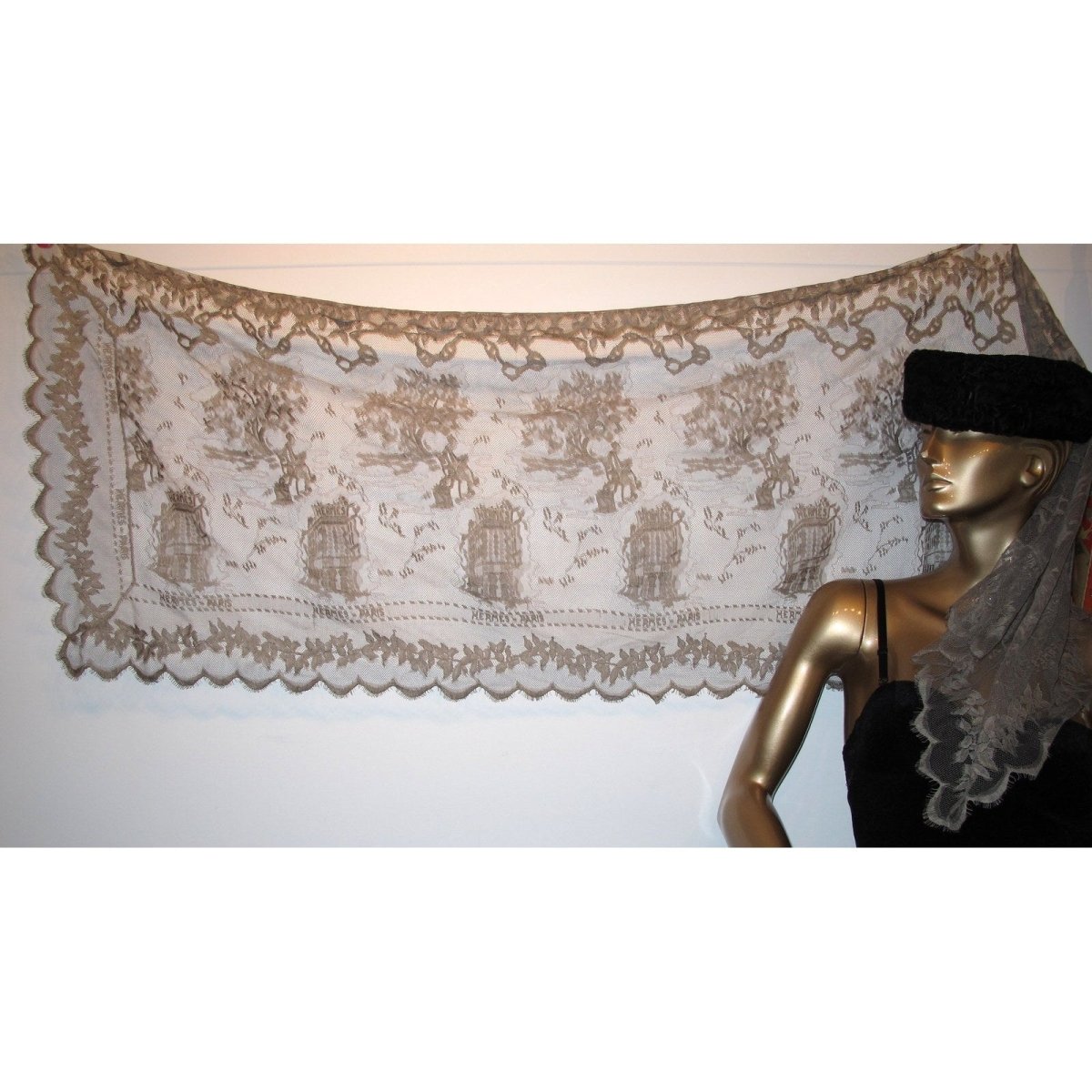 Hermes Vintage Exceptional Etoupe Lace Dentelles Embroidered Stole 76" x 24", Rare! - poupishop