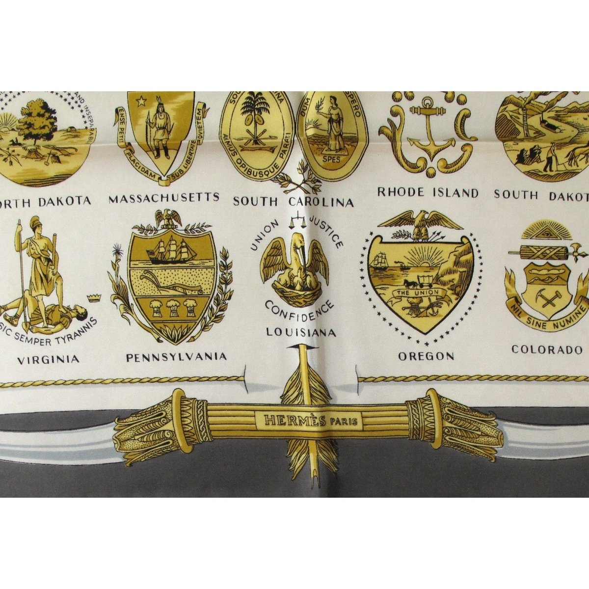 Hermes Vintage Grey Gold Arms of United States Twill silk 90cm - poupishop