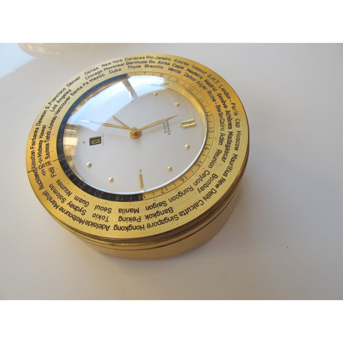 Hermes Vintage mechanical Desk Clock Heures du Monde GM, Box! - poupishop