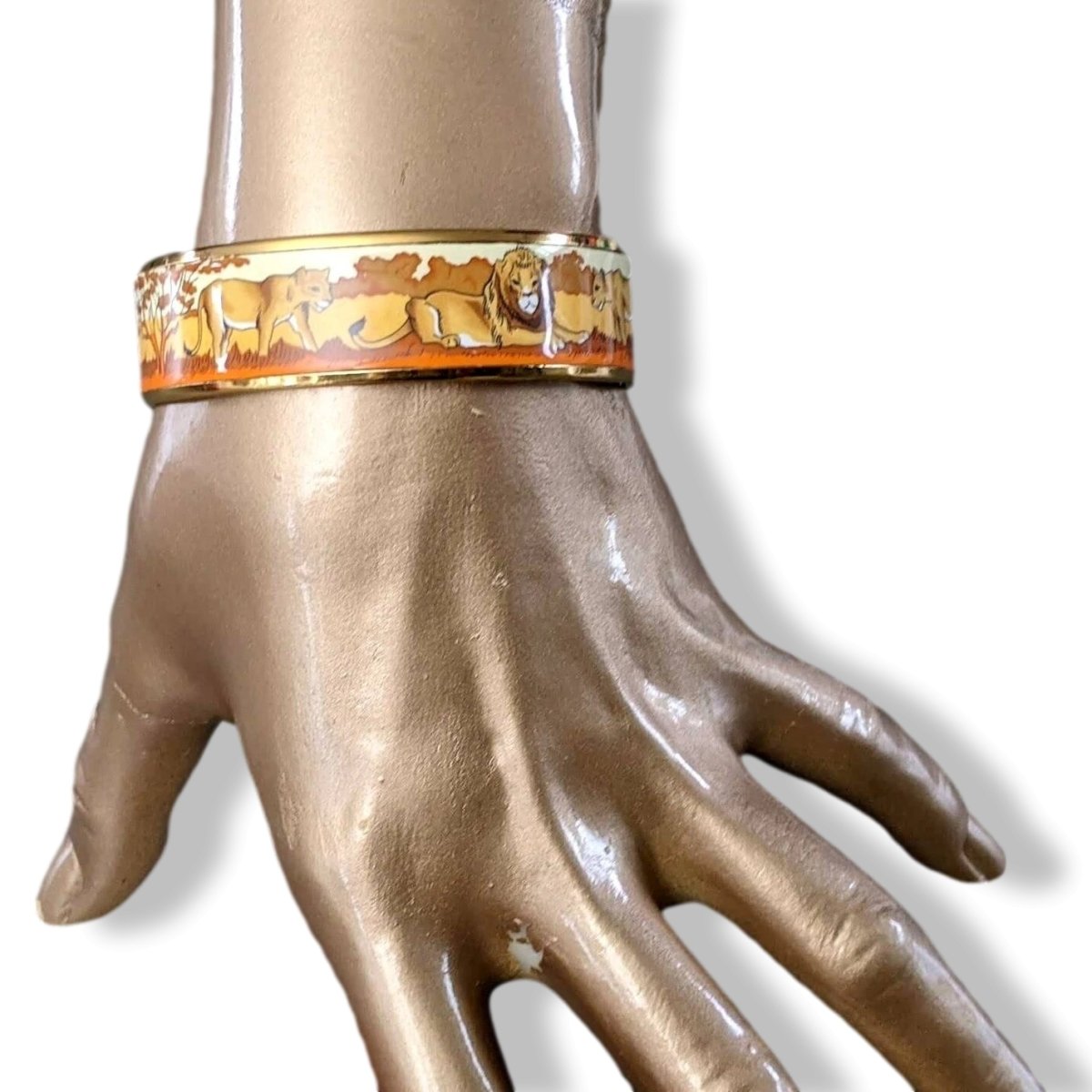 Hermes Vintage Ochre/Orange/Beige Plated Gold AFRICA Lions Wide Bangle Bracelet Sz65, Researched with Flaws! - poupishop