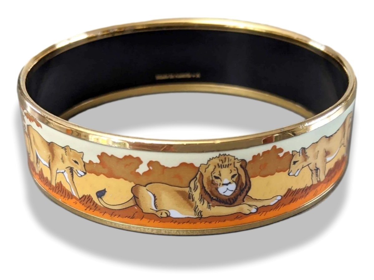 Hermes Vintage Ochre/Orange/Beige Plated Gold AFRICA Lions Wide Bangle Bracelet Sz65, Researched with Flaws! - poupishop