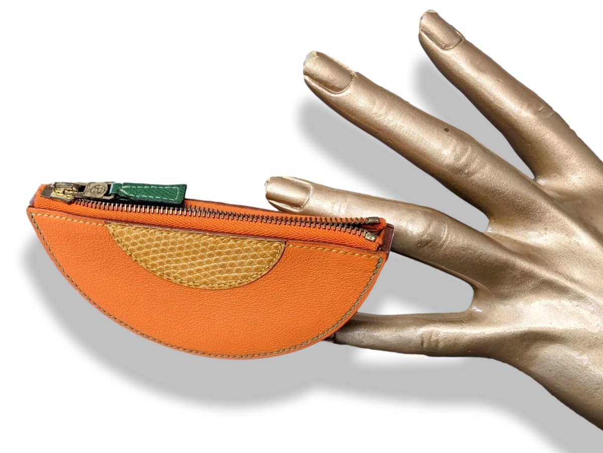 Hermes Vintage Orange Chevre/Mais Lizard MELON Fruit Zipped Wallet Coin Purse - poupishop