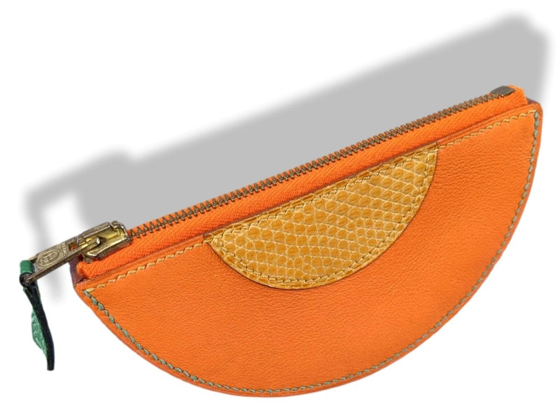 Hermes Vintage Orange Chevre/Mais Lizard MELON Fruit Zipped Wallet Coin Purse - poupishop