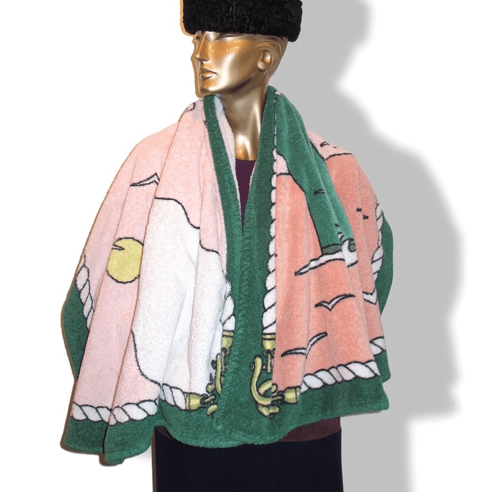 Hermes Vintage Pink Green Boat Paquebot Print Terry Cotton Beach Towel 150 x 90cm cm - poupishop