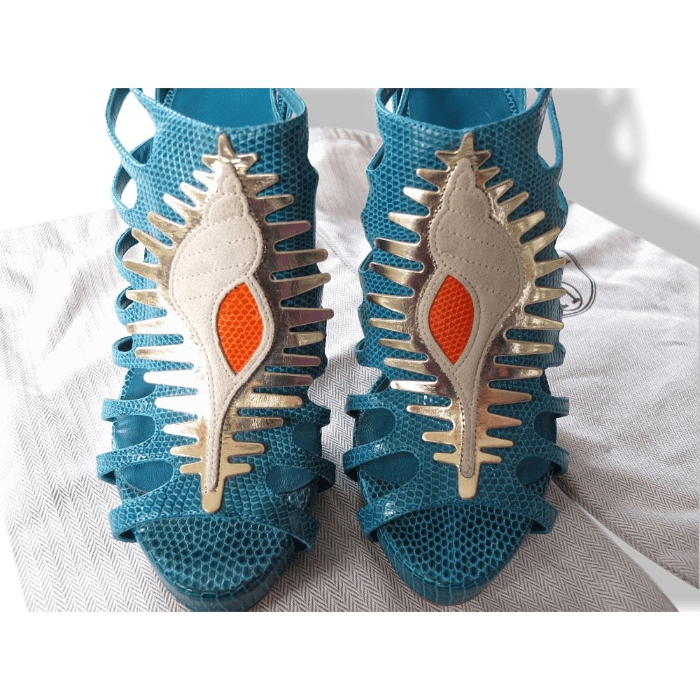 Hermes Vintage Sexy Turquoise Lizard Coquillage Women High Heels Sandals Shoes, New! - poupishop
