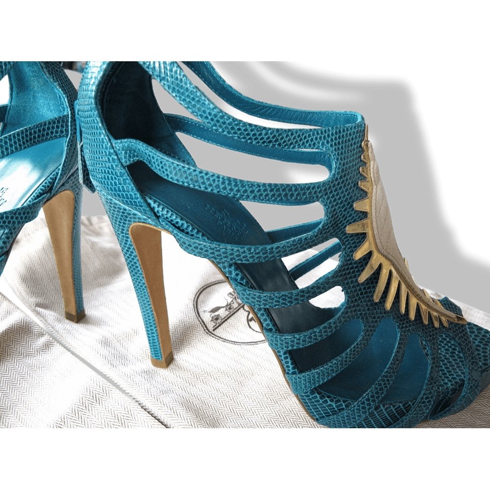 Hermes Vintage Sexy Turquoise Lizard Coquillage Women High Heels Sandals Shoes, New! - poupishop
