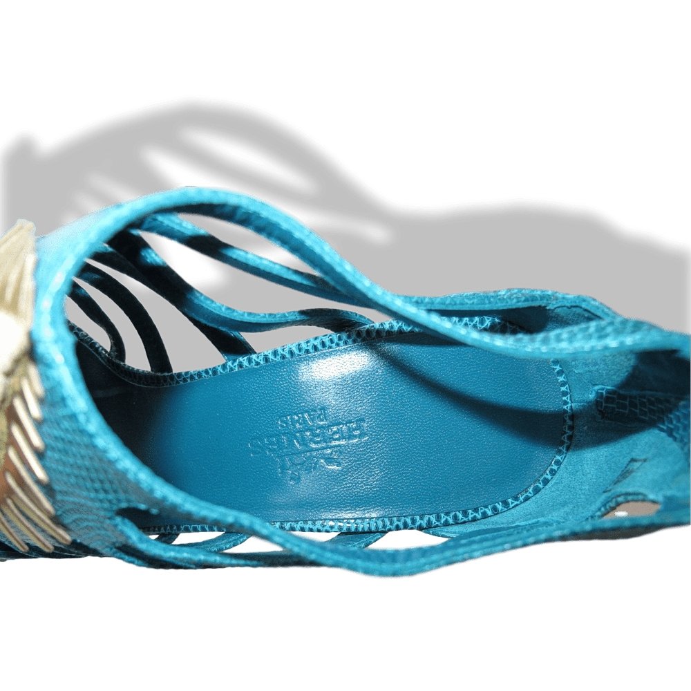 Hermes Vintage Sexy Turquoise Lizard Coquillage Women High Heels Sandals Shoes, New! - poupishop