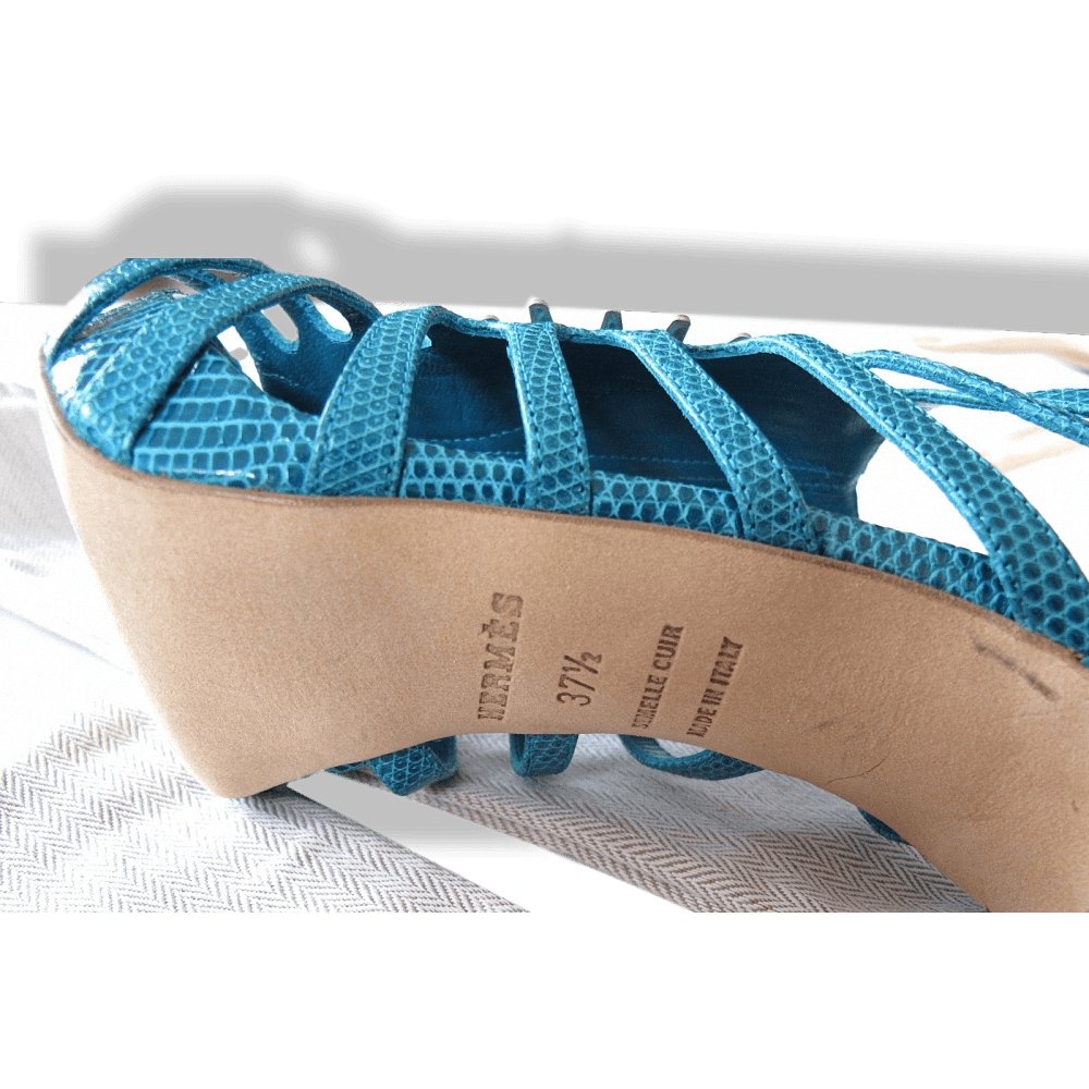 Hermes Vintage Sexy Turquoise Lizard Coquillage Women High Heels Sandals Shoes, New! - poupishop
