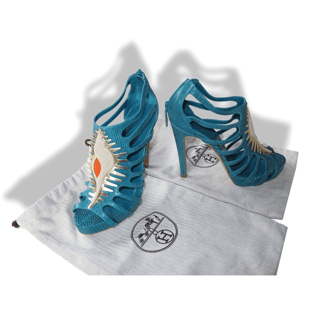 Hermes Vintage Sexy Turquoise Lizard Coquillage Women High Heels Sandals Shoes, New! - poupishop