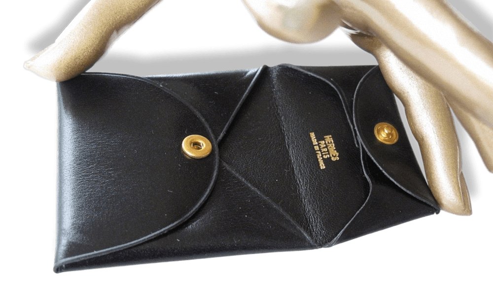 Hermes Vintage Unisex Black Box Leather BASTIA Coin Pocket with Press Stud - poupishop