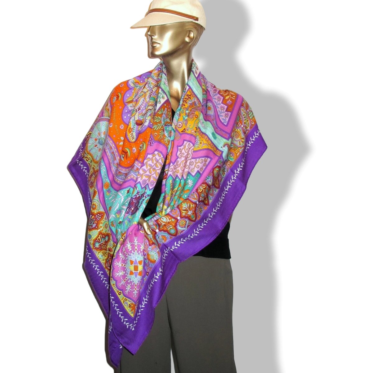 Hermes Violet/Orange/Vert AUX PORTES DU PALAIS by Christine Henry Cashmere Shawl 140, BNWTIB! - poupishop