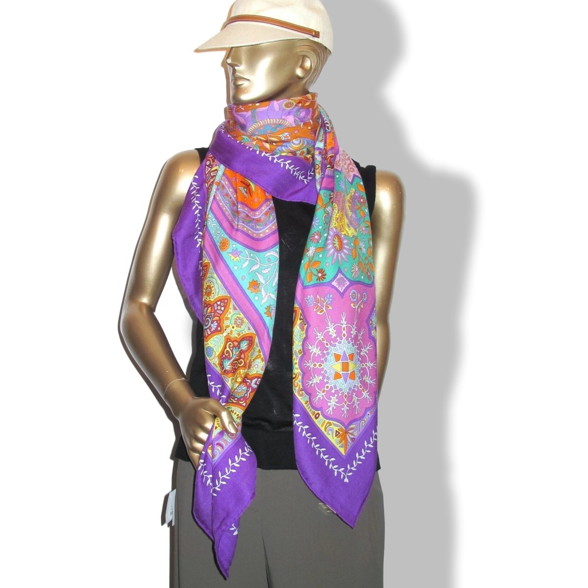 Hermes Violet/Orange/Vert AUX PORTES DU PALAIS by Christine Henry Cashmere Shawl 140, BNWTIB! - poupishop