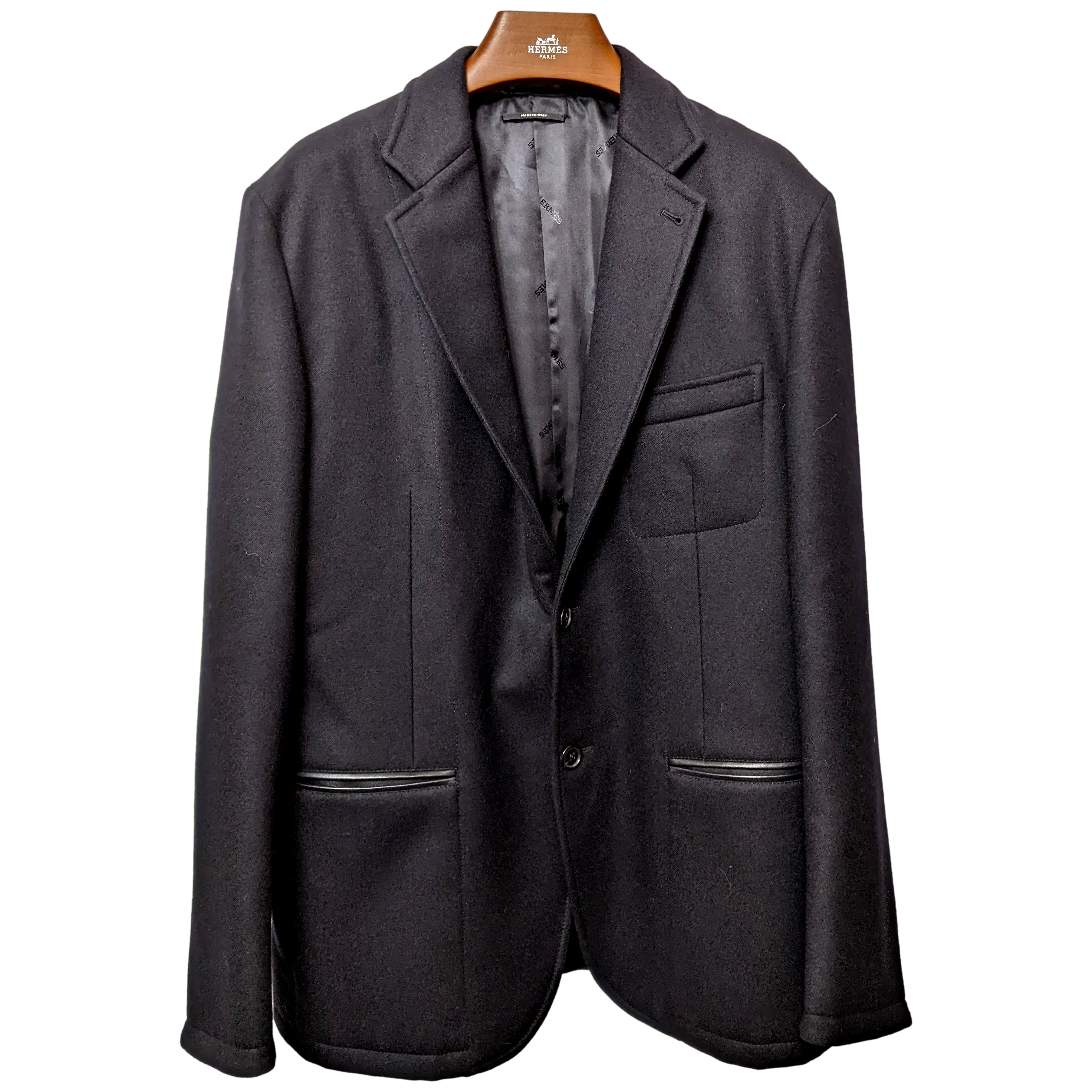 Hermes Noir/Noir 100% Virgin Wool with Lambskin Details Men's Jacket Sz50