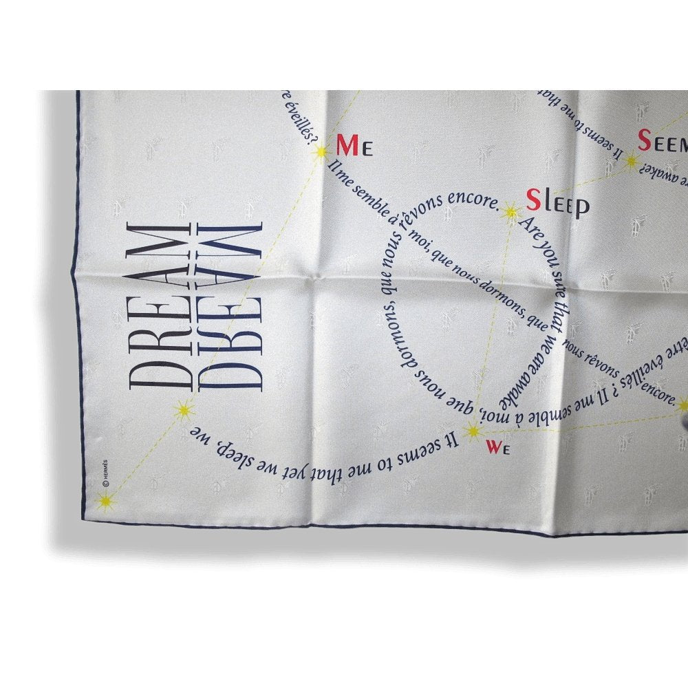 Hermes White Navy Yellow CARREVE (Shakespeare) Jacquard Twill Silk Scarf 70 cm, Rare, NIB! - poupishop