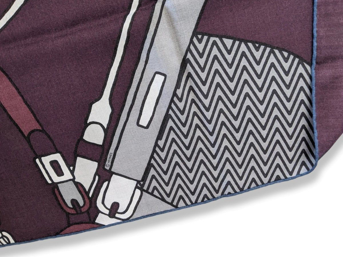 Hermes Wine/Flanelle/Grey HARNAIS DE CABRIOLET 70% Cashmere/30% Silk Carre H 100 cm, BNWT! - poupishop