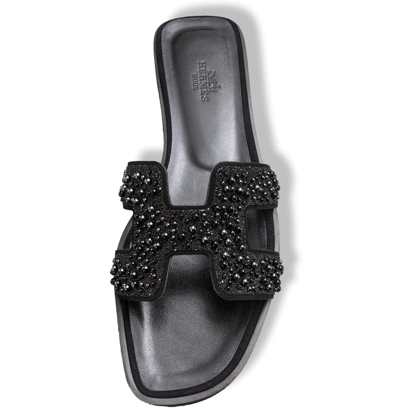 Hermes Women's Black Pearls & Crystals Sparkling ORAN Flat Slides Sandals Size 37, BNIB! - poupishop